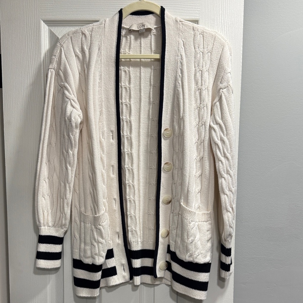Loft Cream Cable Knit Cardigan with Black Stripes - Size Small